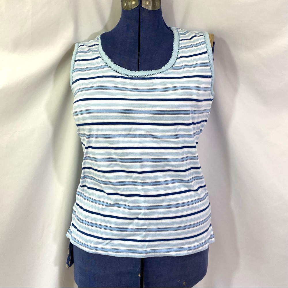 Once & Again Blue and White Striped Sleeveless Shirt Medium Tank Top